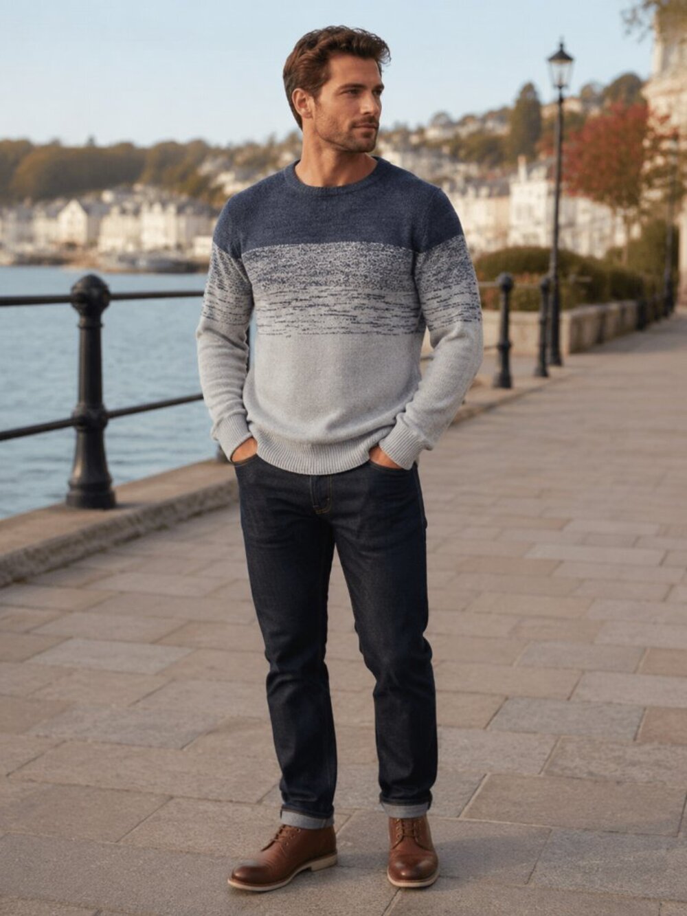 FatFace Men’s L Blue Gray Ombré Colorblock Crewneck Sweater qo
